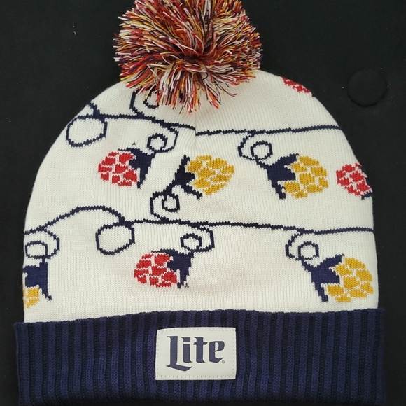 Miller Lite Colorful Pom-Pom Beanie - White and Navy - Picture 1 of 3